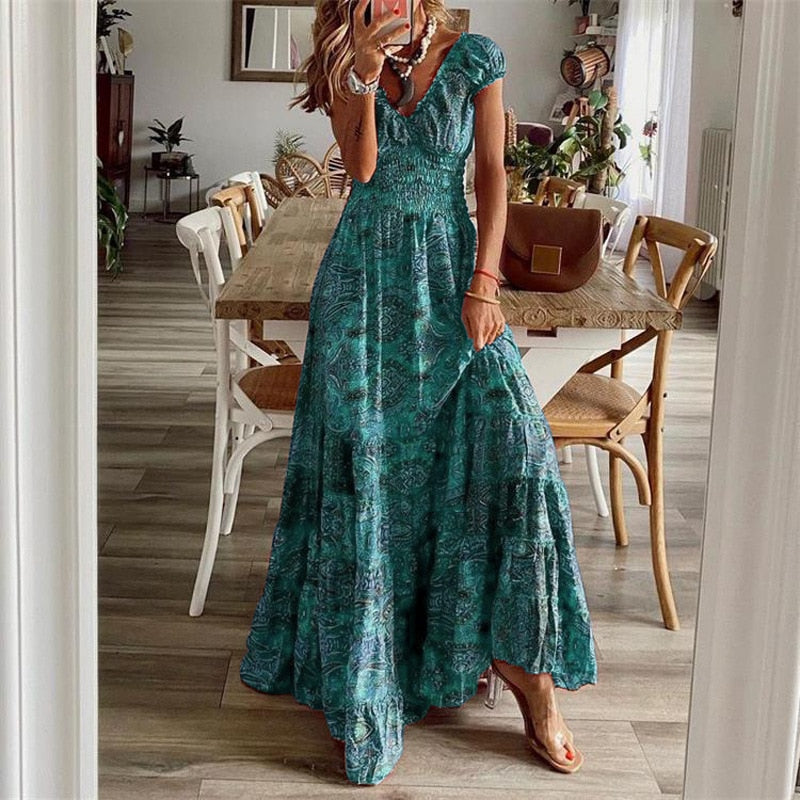 Summer Vintage Long Dresses Women 2024 Bohemian Elegant Floral Print V Neck Robe Beach Holiday Casual Big Swing Maxi Dresses Green