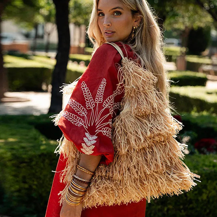 Fashion Linen Printed Women's Slit Maxi Dress Casual Loose V Neck Long Cuff Sleeves Vestidos Spring Lady Vacation Chic Robe