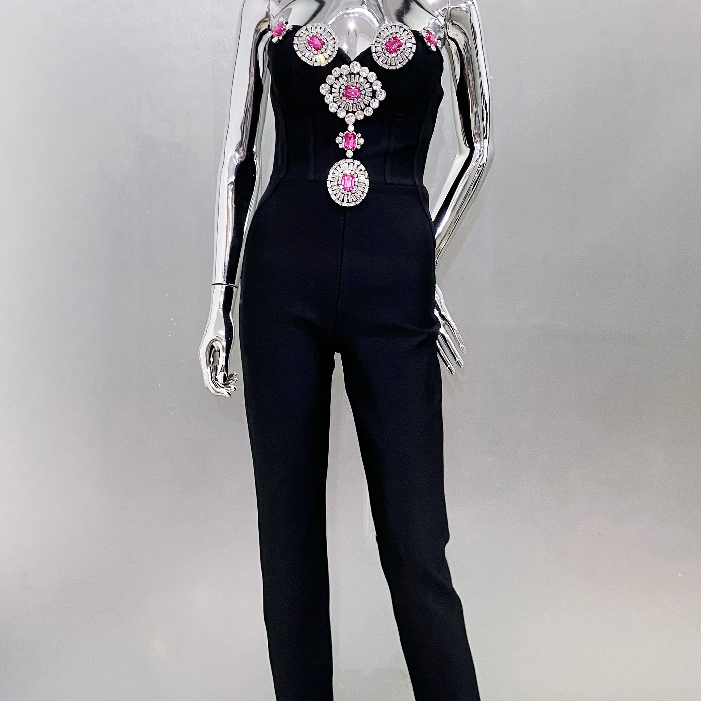 Fashion Celebrate Evening Party Wear Women Sexy Strapless Shinning Crystal Bodycon Bandage Jumpsuit Birthday Cocktail Wear