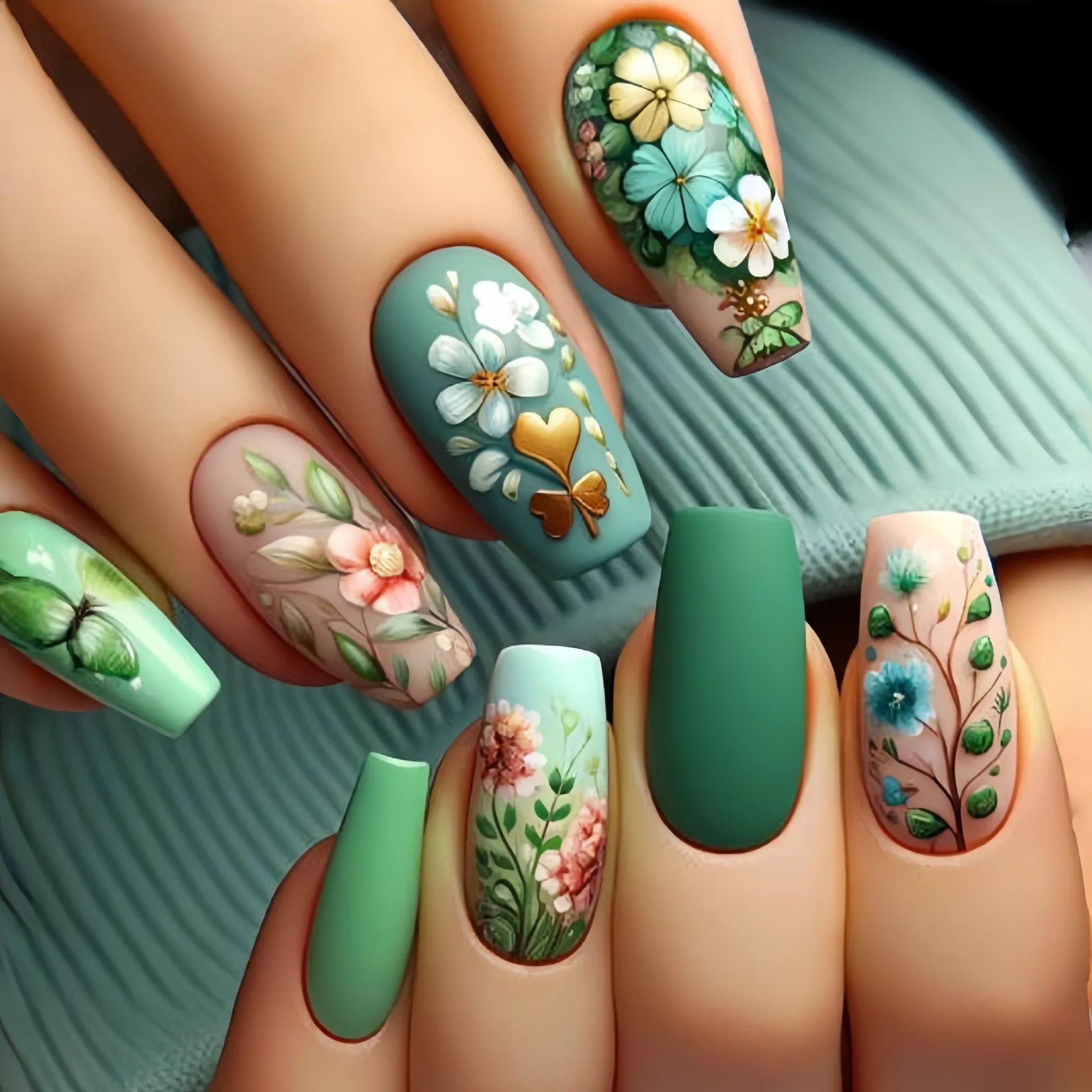 24pcs/set medium long fake nails for Spring summer season beautiful peach flowers butterfly design press on false nail art tips 1822