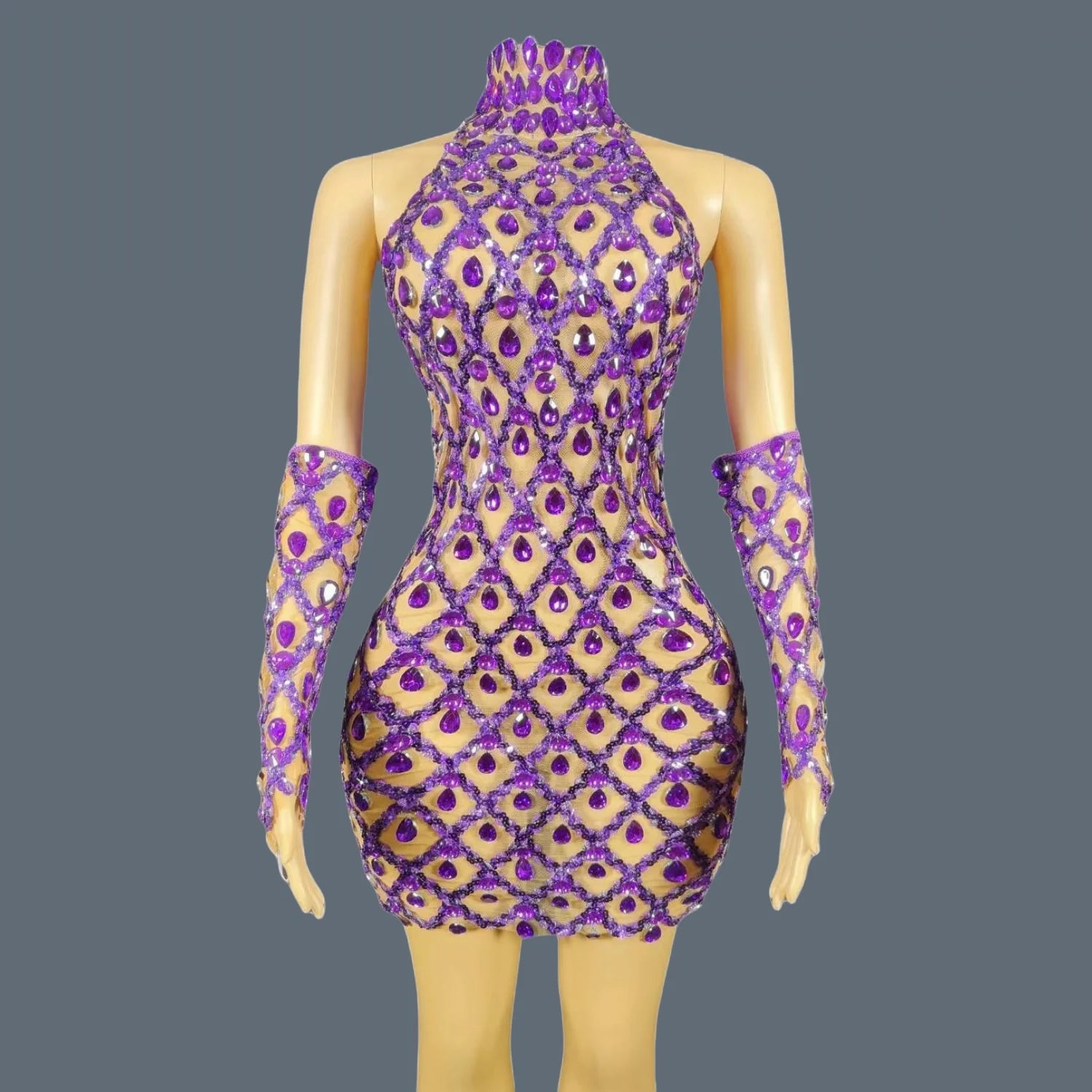 Sparkly Sequins Crystals Summer Mini Dress Sexy Sleeveless See Through Mesh Women Party Dress Event Singer Show Wear Shaokaojia purple with gloves One Size