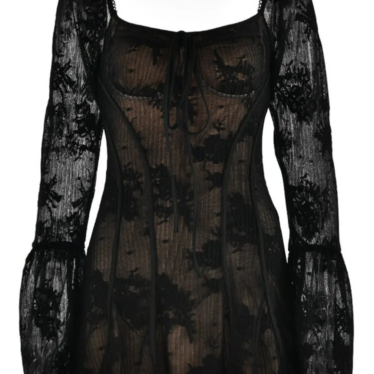 Elegant Backless Long Flare Sleeve Print Mini Dress Women Fashion square collar A-line Pleated Club Party Sexy Dress