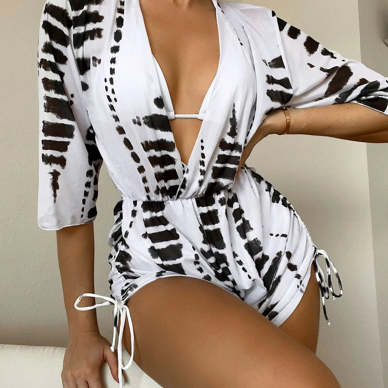 3 Pieces Bikini Tropical Print Swimsuit Halter Drawstring Side Swimwear Women 2023 Bathing Suit Female Swimming Summer Beachwear