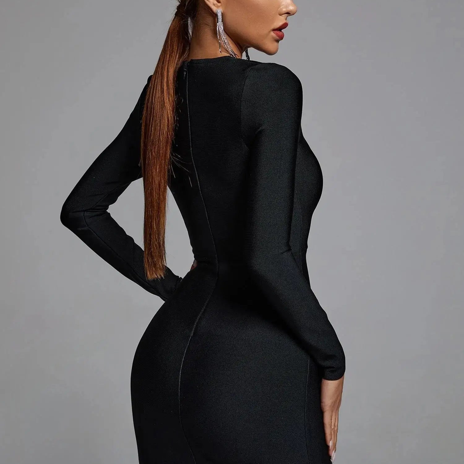 Black New Winter Black Beading Long Sleeve Dress Sexy Hollow Out Sheath Mini Club Celebrity Runway Party Dress