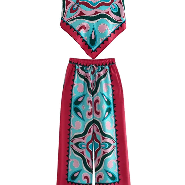 BlingBlingee Summer Printed Women Wide Pants Satin Suits Traf Asymmetric Sleeveless Strapless Crop Top Female Sets Y2K Camis-Pants Sets