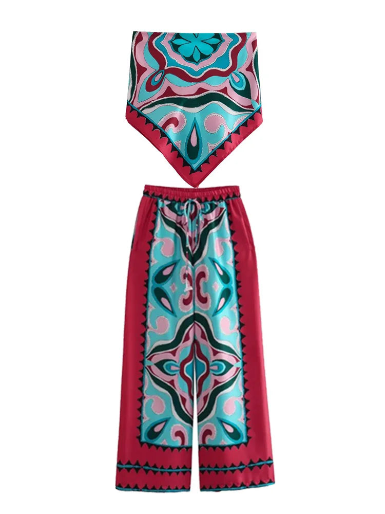 BlingBlingee Summer Printed Women Wide Pants Satin Suits Traf Asymmetric Sleeveless Strapless Crop Top Female Sets Y2K Camis-Pants Sets