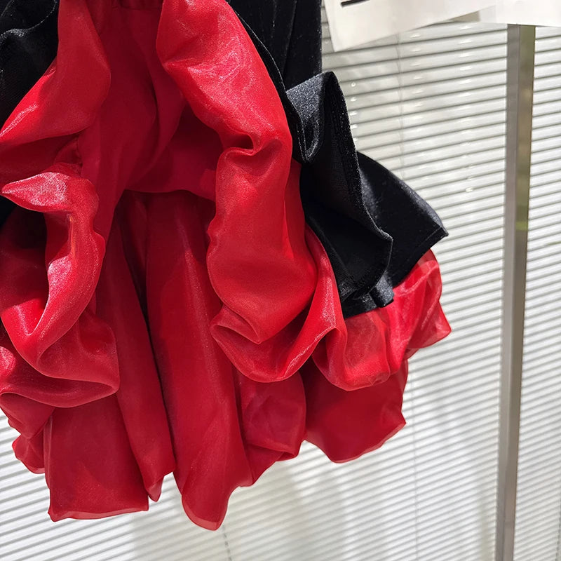 Winter New Fashion Style Velvet Waist-Cinching Contrast Color Hem Puffy Dress For Women Evening Party Dresses 11A07831