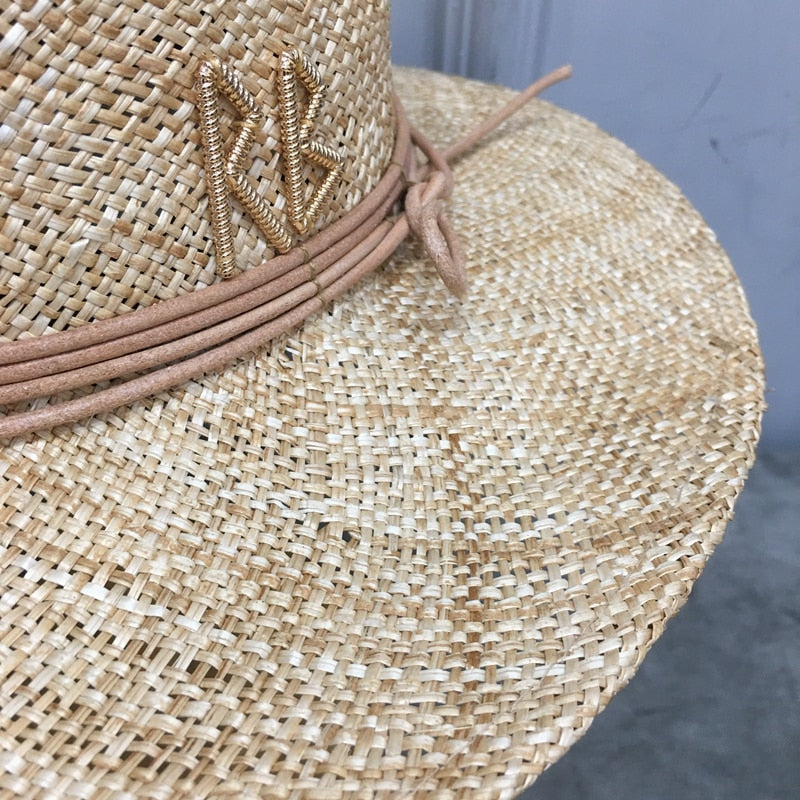 Straw hat for women with letter and chain Wide Brim Floppy Sun Hat Summer Hats Lady Beach Cap