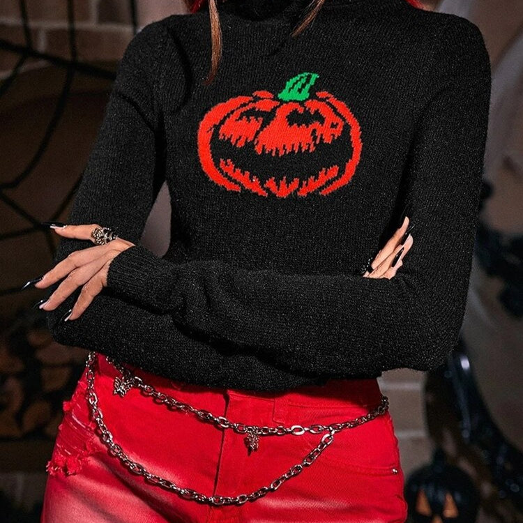 Yangelo Gothic Pumpkin Pattern Knitted Pullover Women Punk High-necked Long-sleeved Fall Winter Warm Sweater Halloween