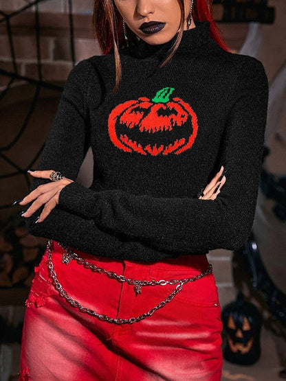 Yangelo Gothic Pumpkin Pattern Knitted Pullover Women Punk High-necked Long-sleeved Fall Winter Warm Sweater Halloween