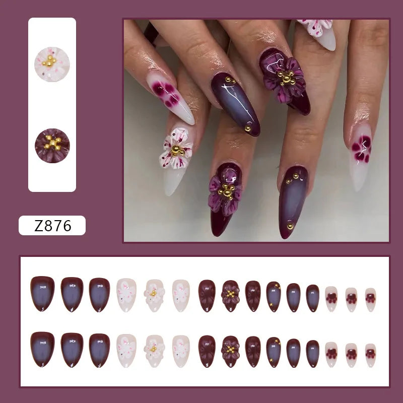 24pcs 3D Purple Flowers False Nails Cat Paw Printed Decor Press on Nails Wearable Detachable Fake Nail Patches Free Shipping
