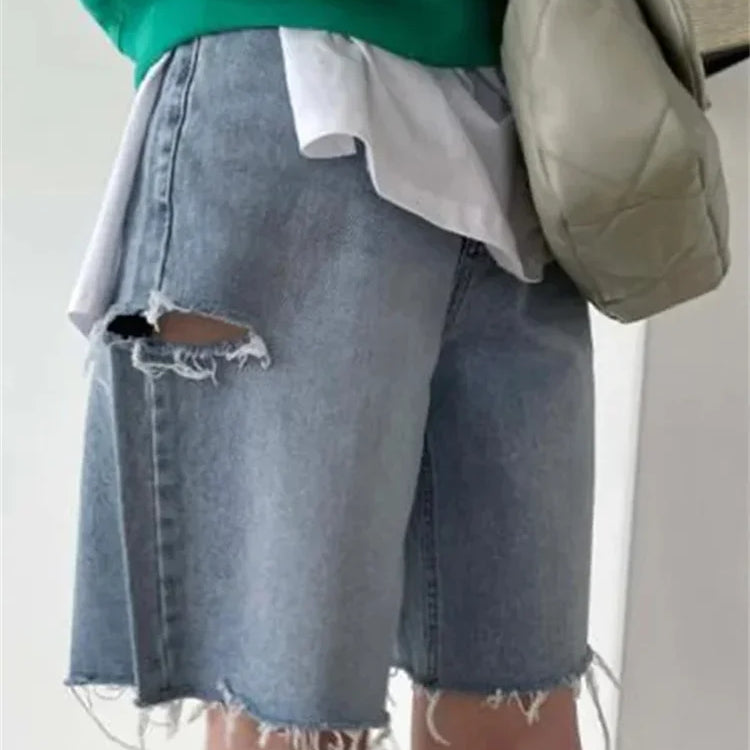 Ripped Jeans for Women New High Waisted Streetwear Vintage Chic Baggy Casual Y2k Jeans Korean Fashion Wide Leg Denim Shorts