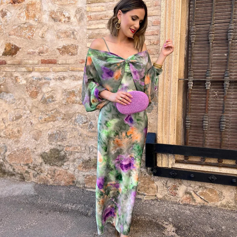 Women's Detachable Sleeves Beach Maxi Dress Sexy Backless Tie Dye Sling Dress Summer Ladies High Waist Long Robes Green