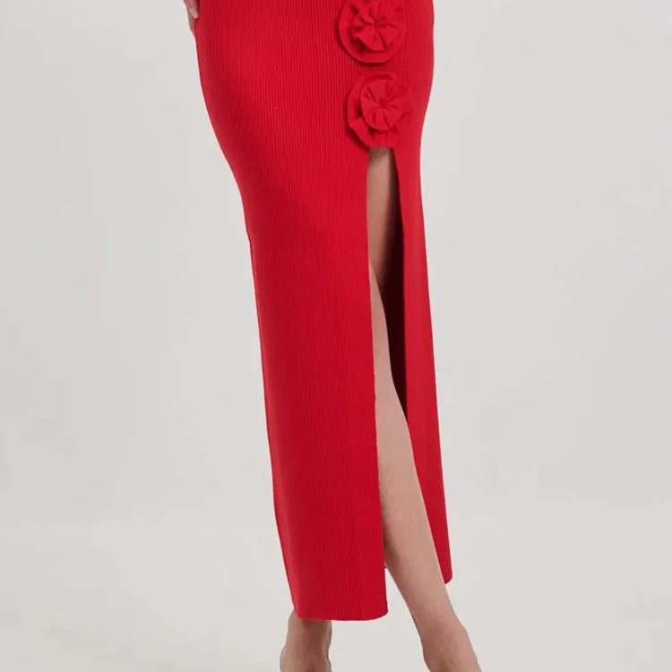 Stylish Chic Casual Red High Waisted Midi Bandage Dress Three Dimensional Roses and Slits Party Outdoor Skirt