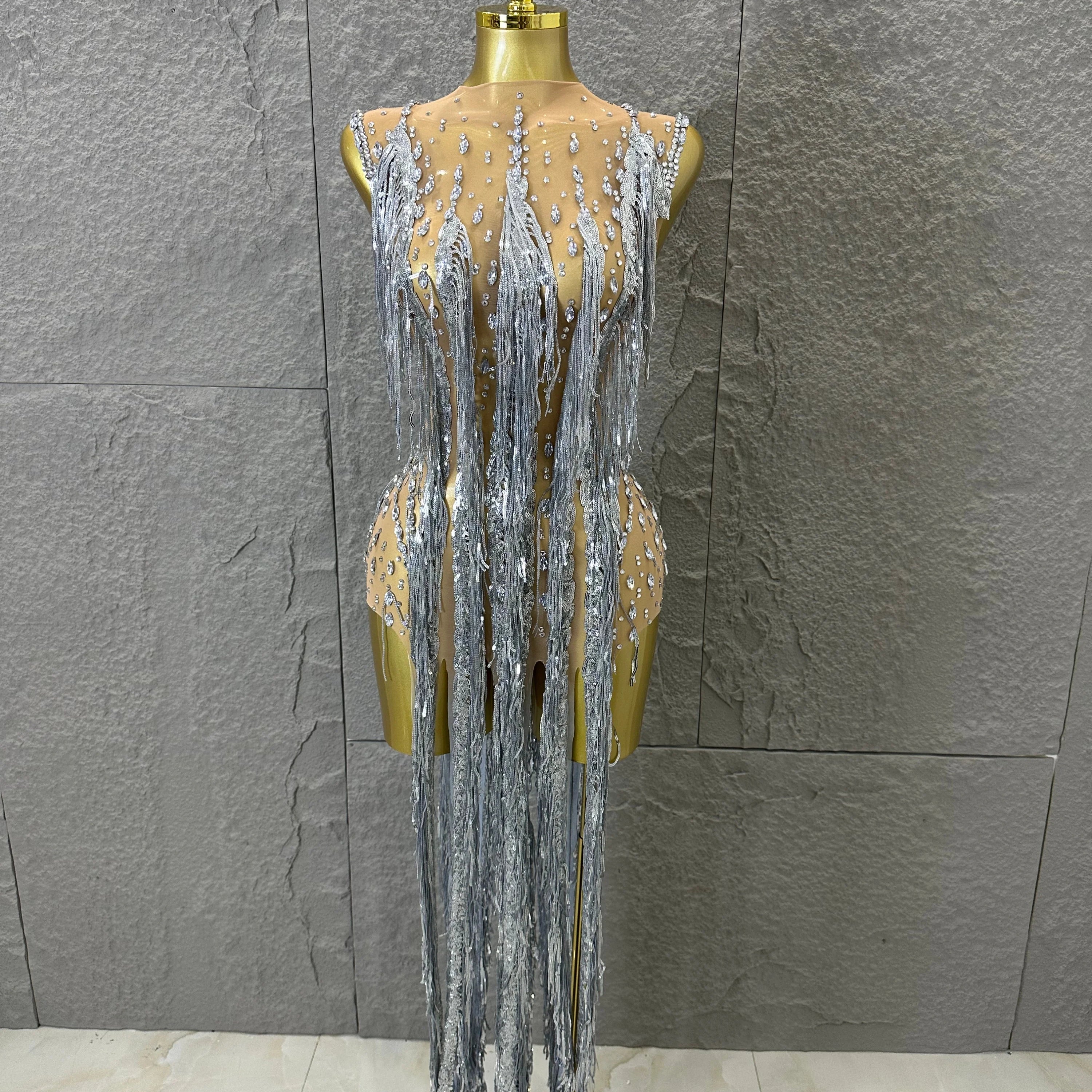 Luxury See Through Mesh Silver Rhinestone Long Tassel Dress Sleeveless Fitted Bodycon Formal Evening Wedding Guest Cocktail Gown