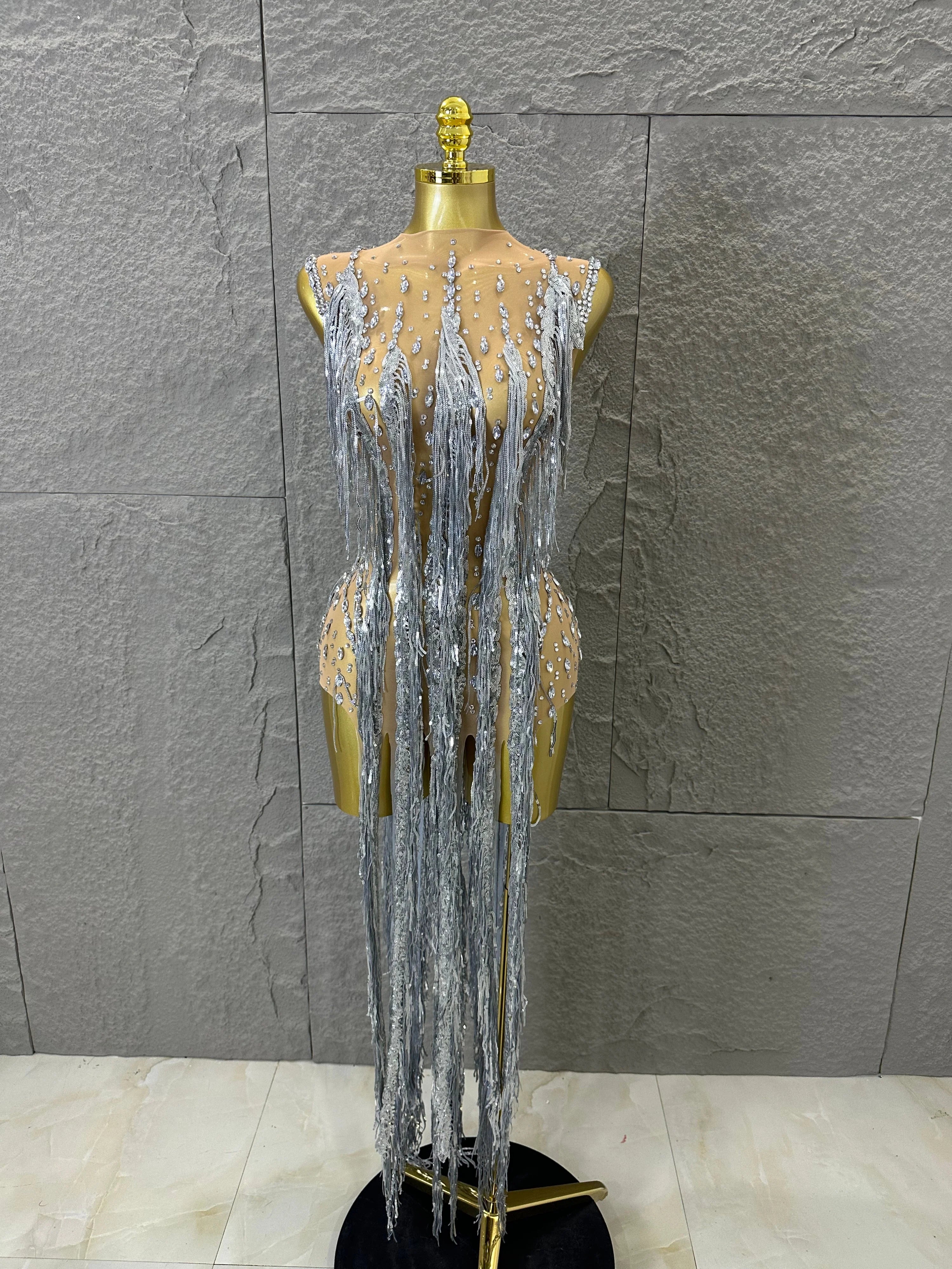 Luxury See Through Mesh Silver Rhinestone Long Tassel Dress Sleeveless Fitted Bodycon Formal Evening Wedding Guest Cocktail Gown Silver