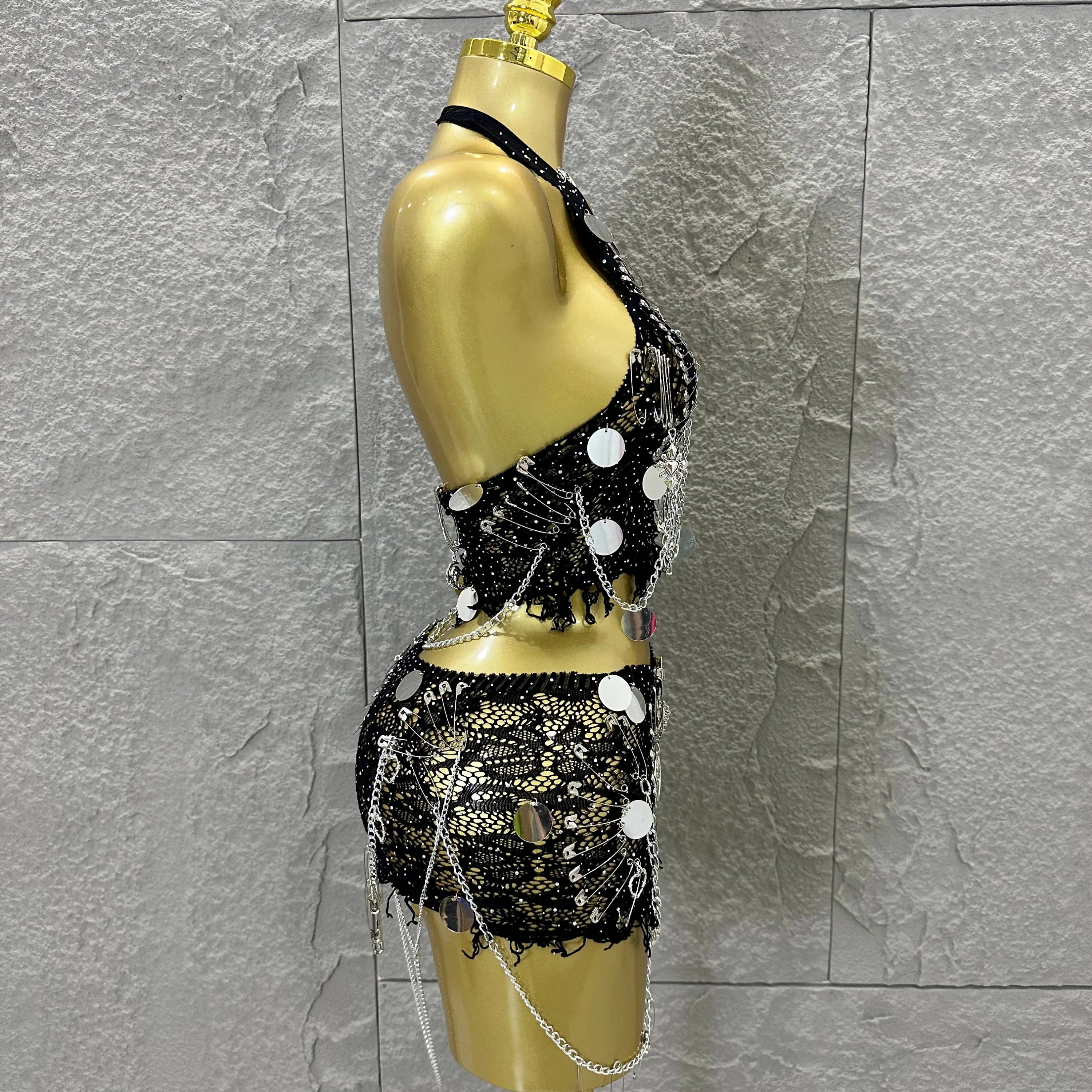 Women Sexy Safety Pin Lace Two Piece Set Halter Neck Sequin Embellished Crop Top & Mini Skirt Outfit Stage Performance Costume