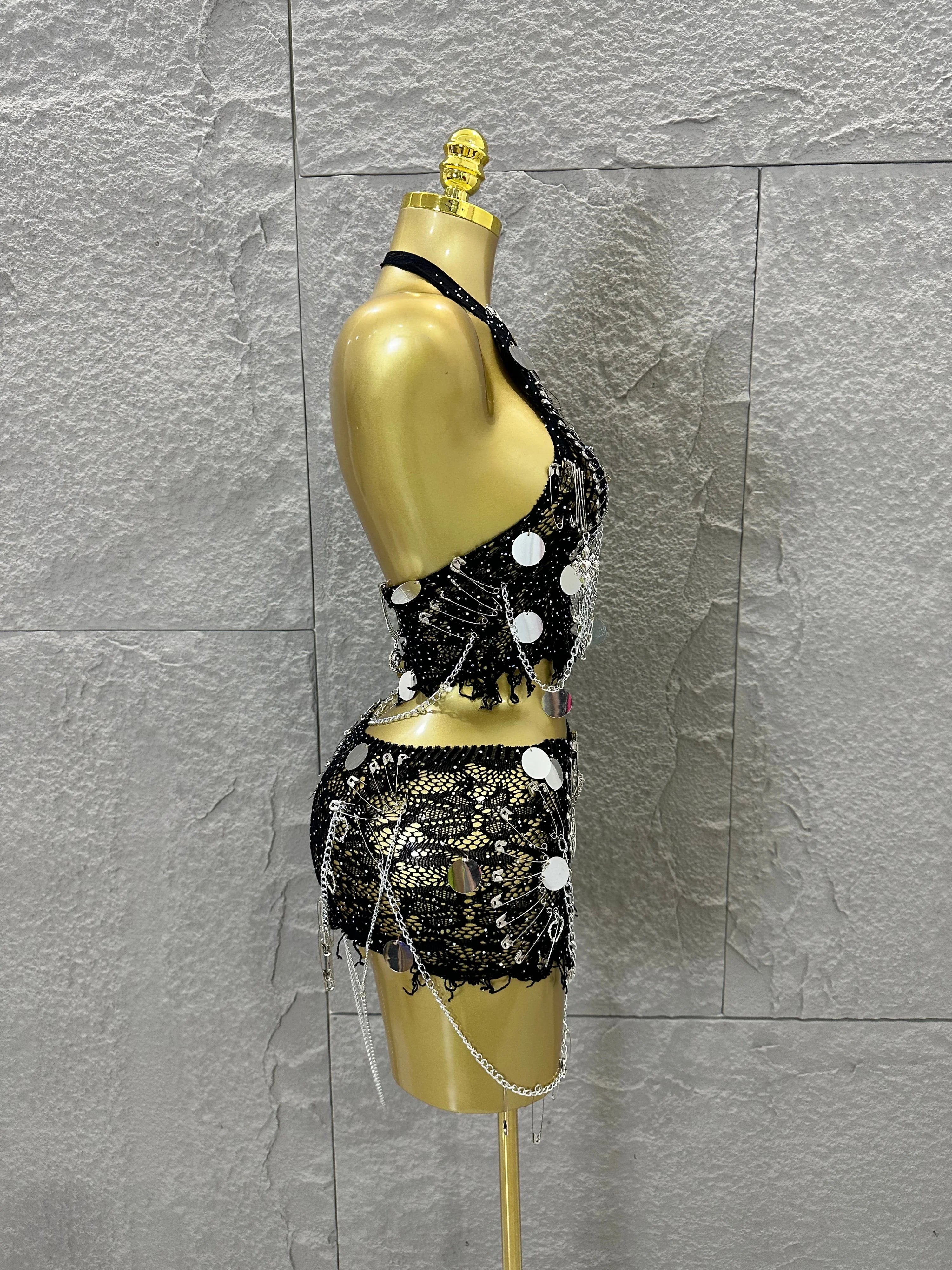 Women Sexy Safety Pin Lace Two Piece Set Halter Neck Sequin Embellished Crop Top & Mini Skirt Outfit Stage Performance Costume