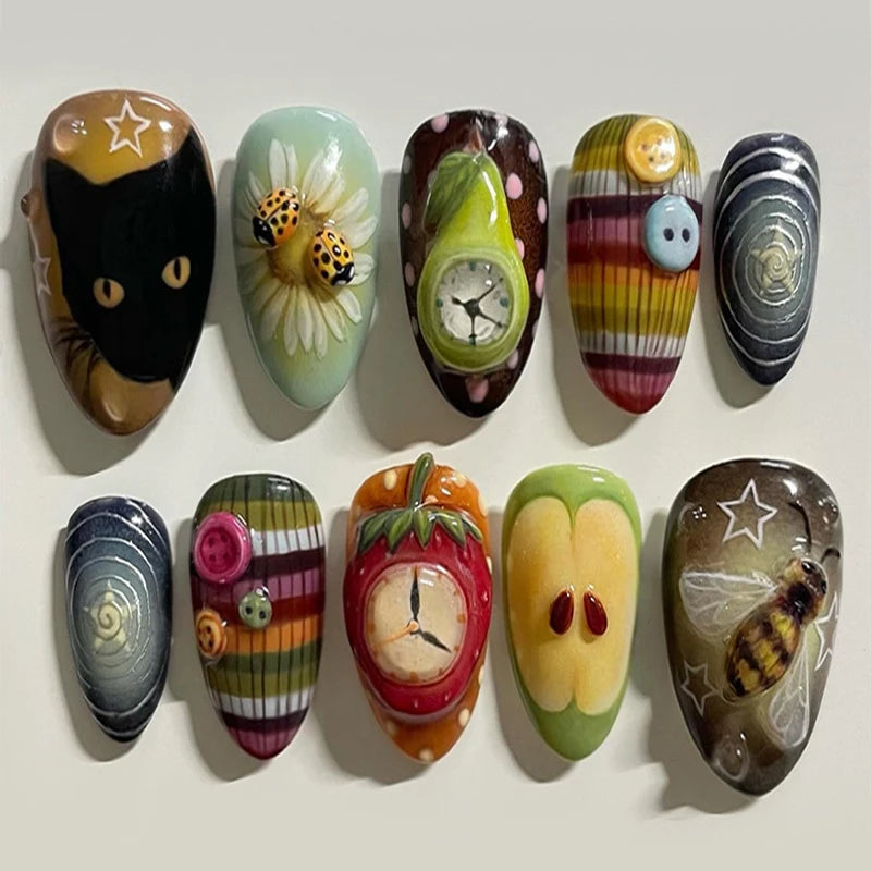 24Pcs Dark Red Leopard Print Pattern Fake Nails Patch Sweet Cool 3D Cherry Press on Nail Lip Print French Almond Nails for Women 2