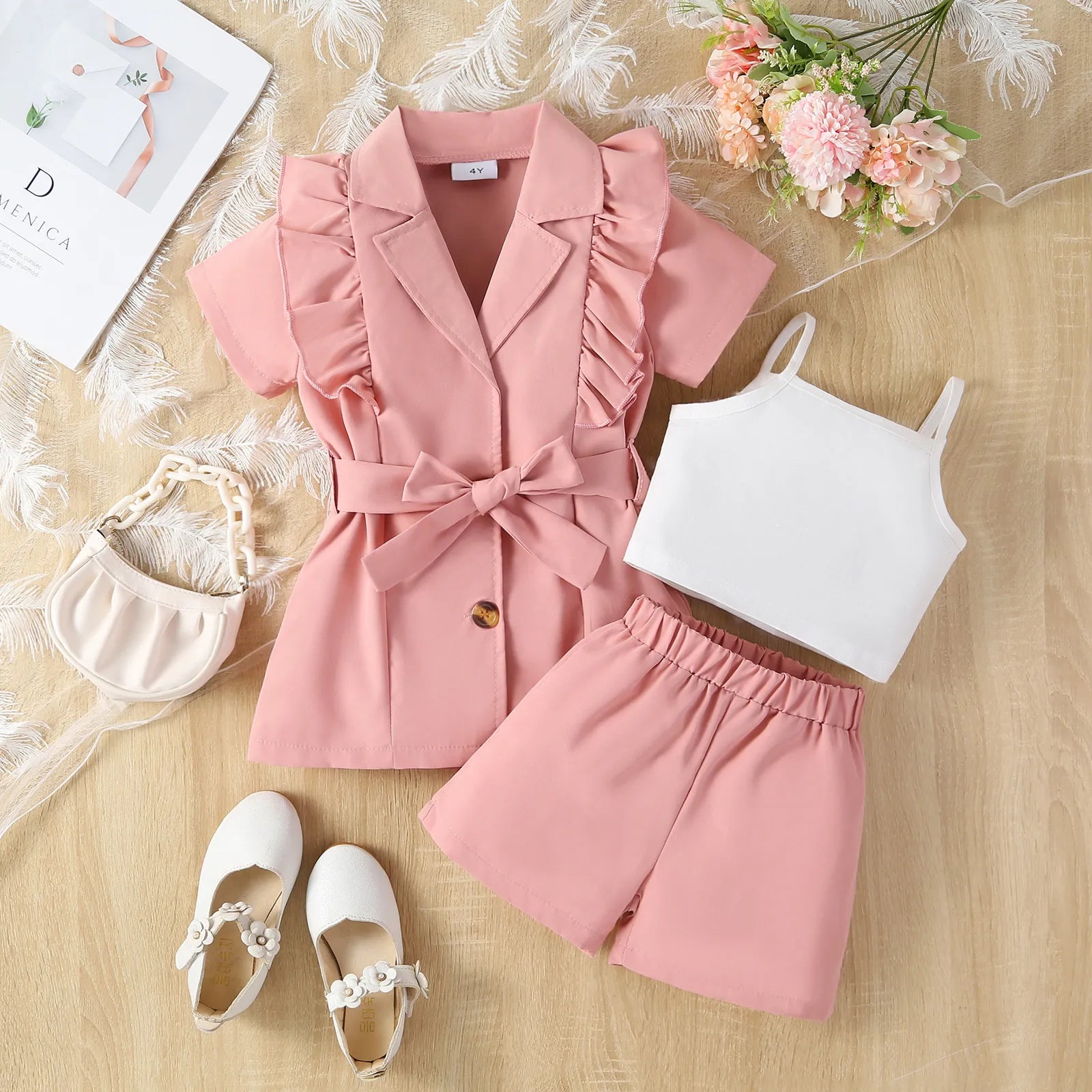 Summer Girl Suit Strap Solid Color+Short Sleeved Lapel Suit Jacket+Shorts 3Pcs Girls Outfits Korean Kids Children Clothing Sets Pink