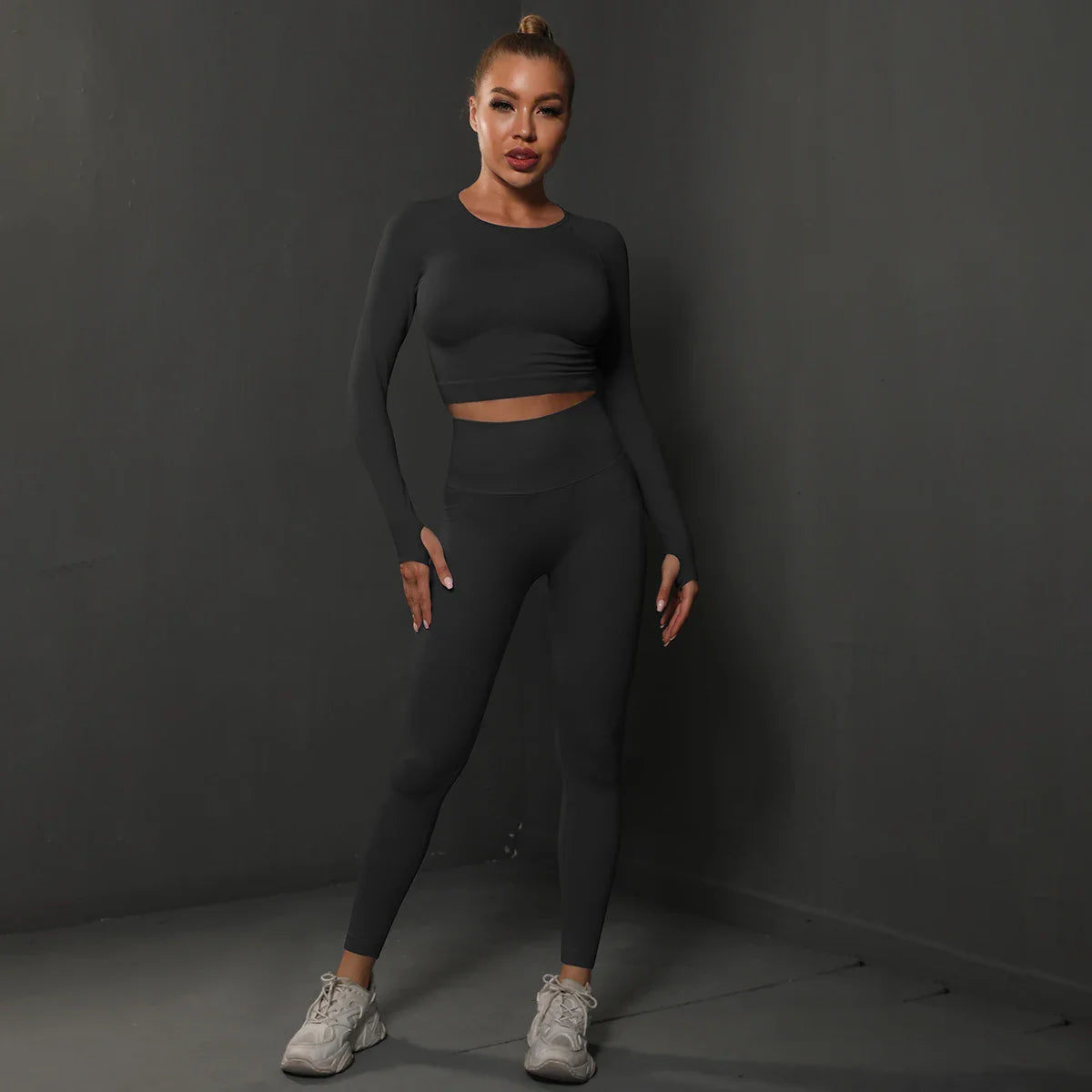 2Pcs Women Sets Energy Seamless Gym Suits Bubble Butt Sports Pants+Long Sleeve Shirts Push Up Running Sets Tracksuits Tights Set Black