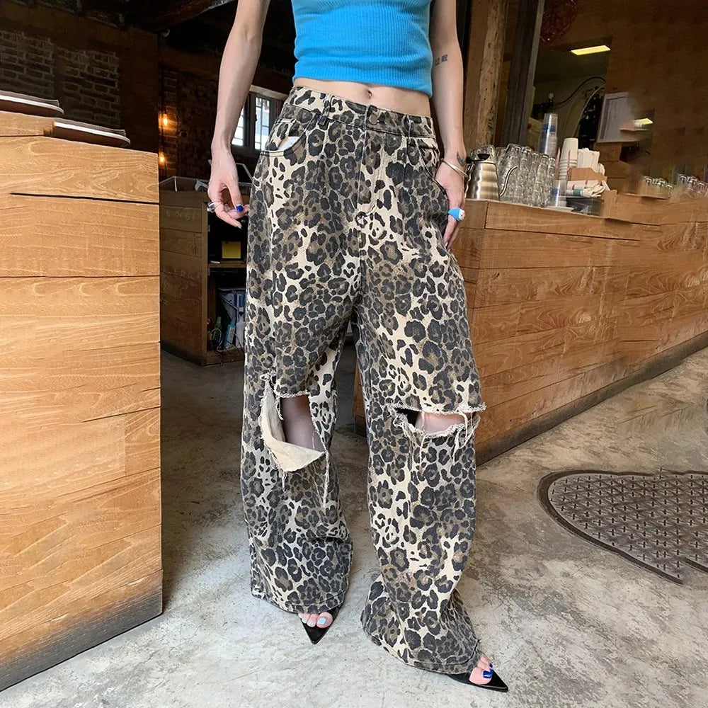 Colorblock Leopard Hollow Out Denim Pants For Women High Waist Spliced Pocket Wide Leg Jeans Female Fashion New ASPICTURE