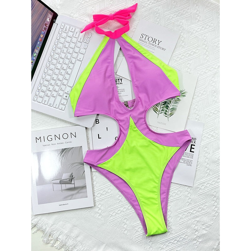 Sexy Colorblock One Piece Swimsuit Fashion Hollow Design - Monokini Swimwear Backless Bather Bathing Suit 1