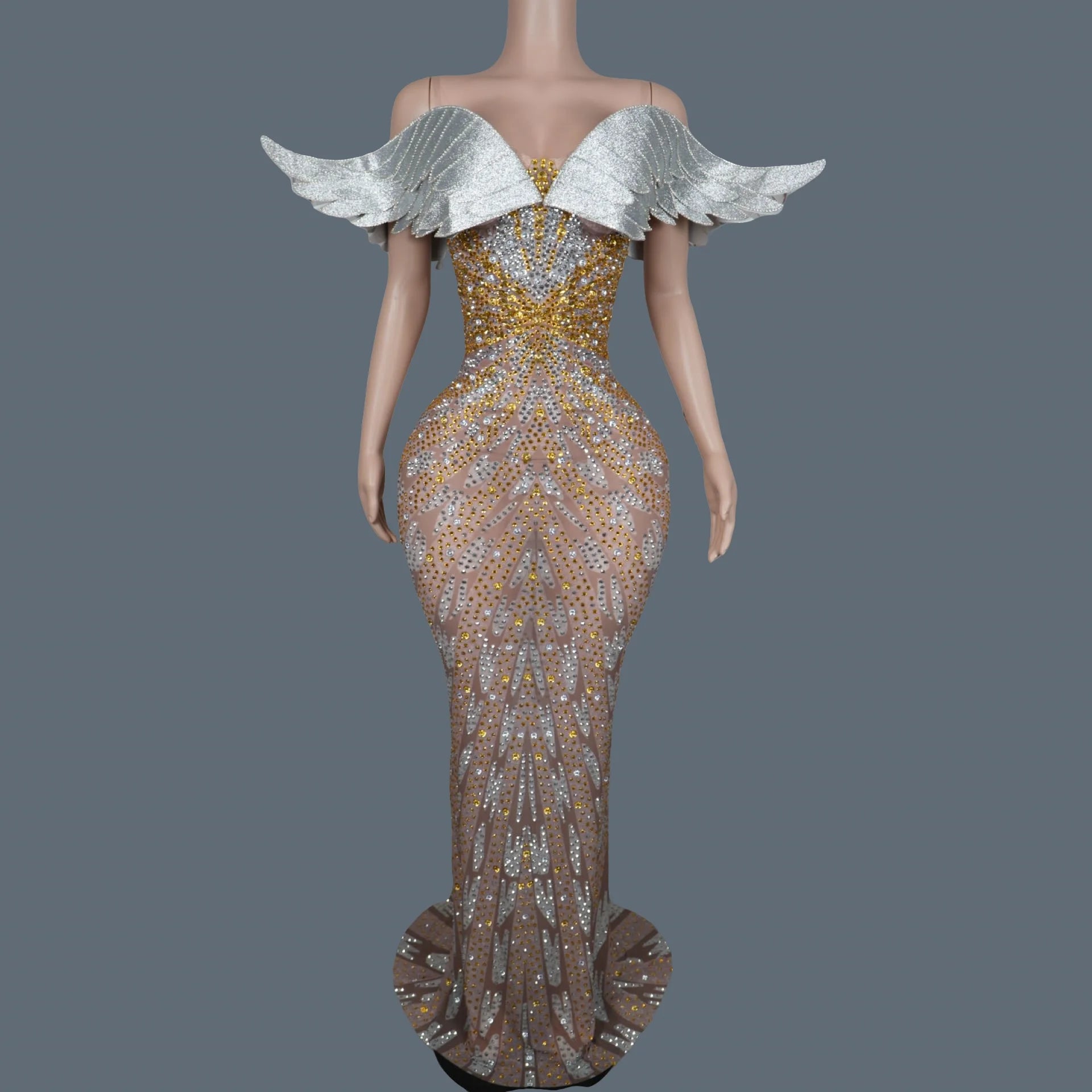 Luxury Sparkly Crystals Angel Gown Sexy Women Celebrate Party Dress High-end Wings Strapless Evening Dress Photo Shoot Wear Yuyi as shown