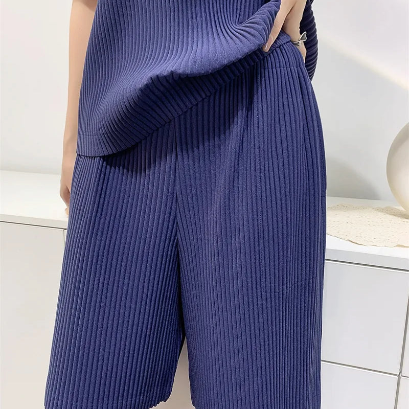 Miyake Pleated Spring Summer Loose Casual Wide-leg Five-quarter Pants High-waisted Versatile Straight Pleated Pants Women
