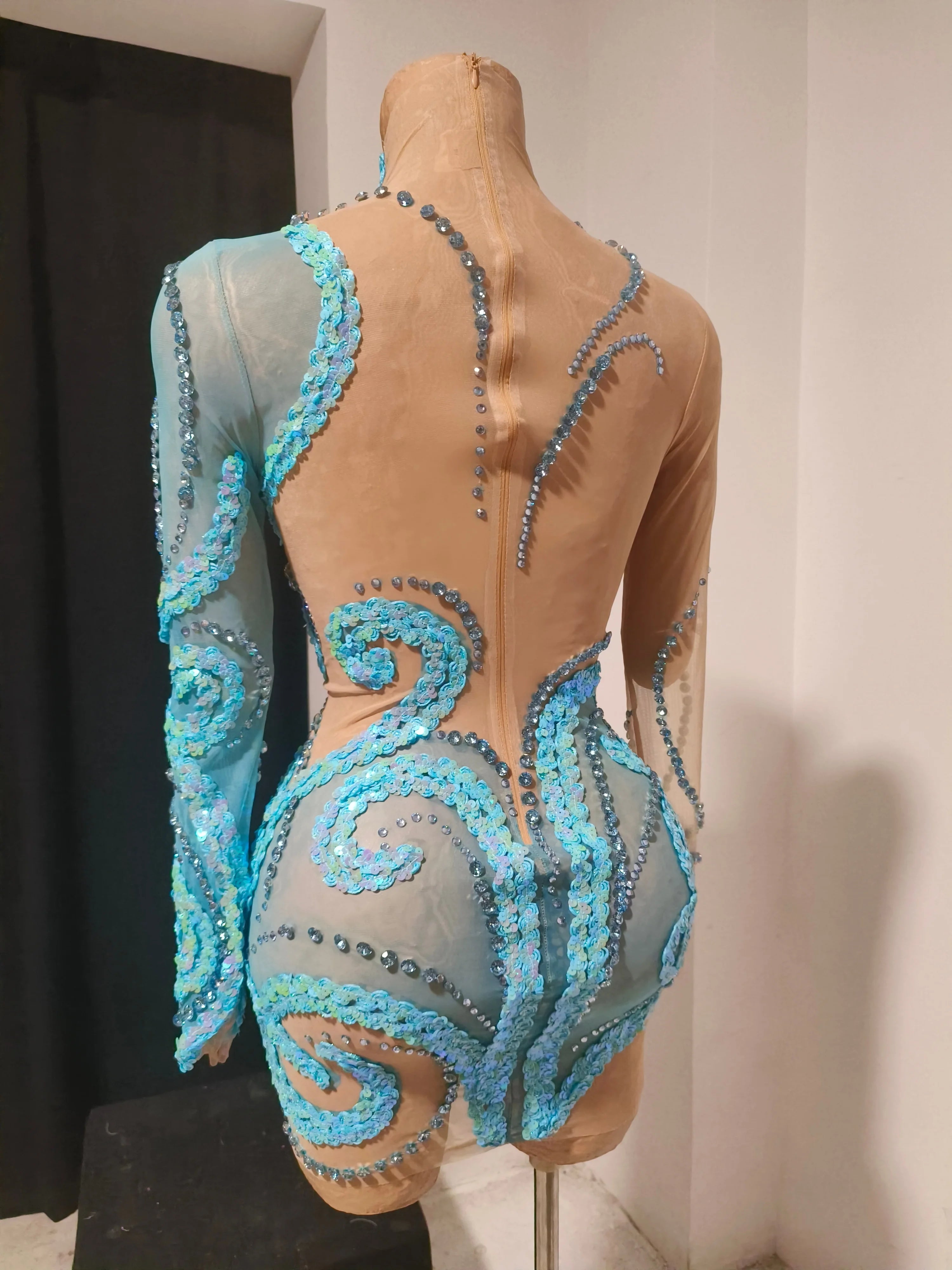 Luxury Sheer Mesh Bodycon Gown Cocktail Party Red Carpet Performance Outfit Elegant Blue Crystal Embellished Mini Dress Women