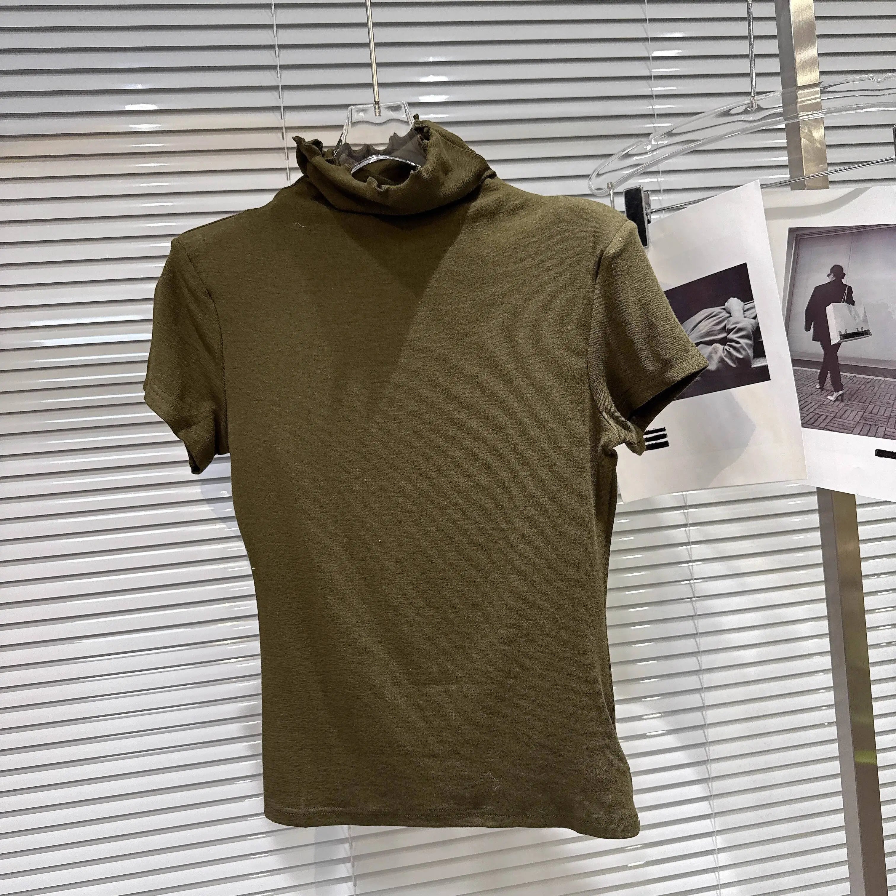 Winter New Fashion Solid Color Simple High Neck Shoulder Pad Short Sleeve T-shirt For Women Slim Fit Top 11A07774 Army Green