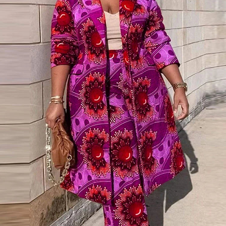Plus Size VONDA Bohemian Printing Elegant Outfits Women Long Sleeve Two Piece Sets 2024 Holiday Fashion Casual Simple 2pc Suits Rose