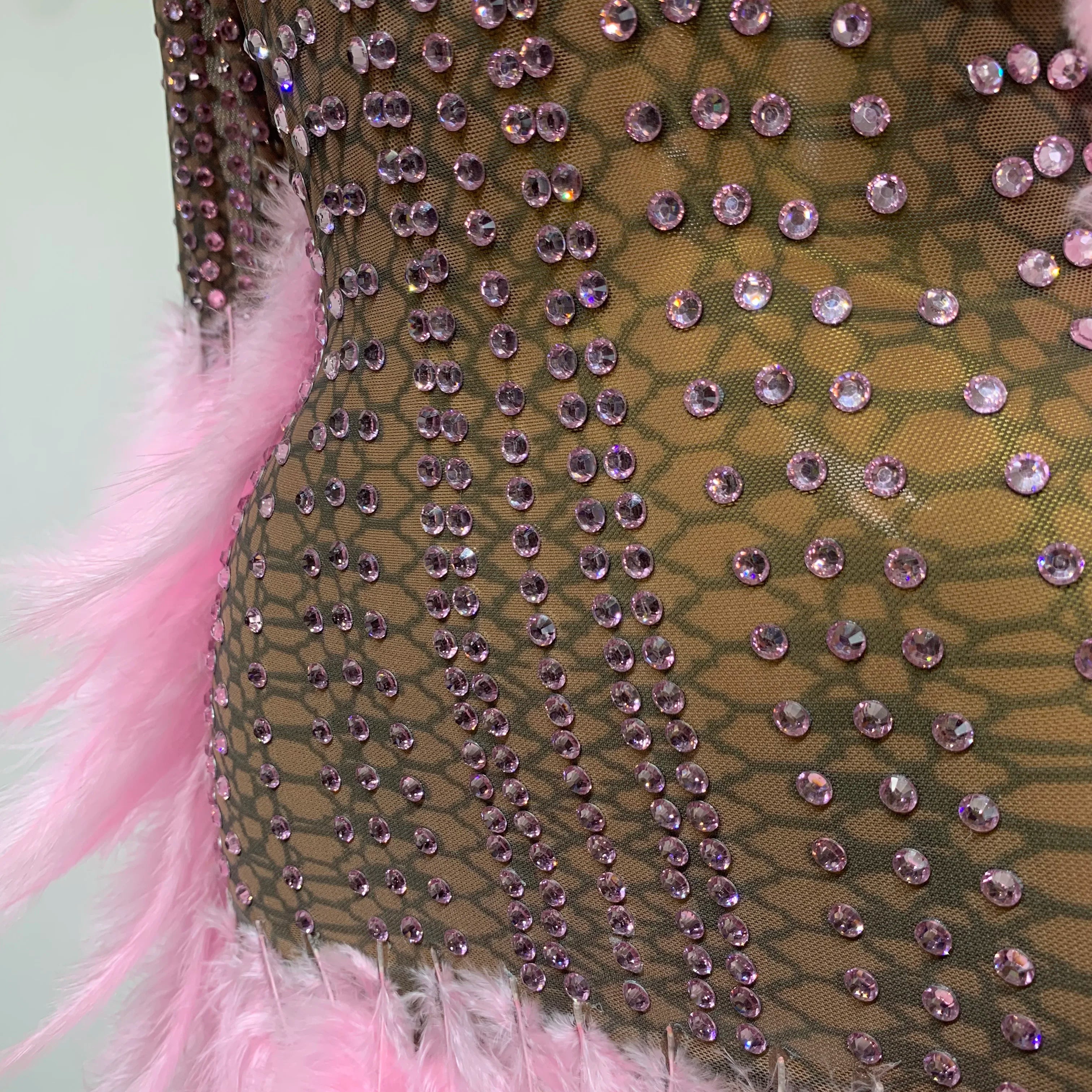 Women Luxury Birthday Dress Rhinestones Mesh Feathers Bodycon Mini Celebrity Evening Club Party Dress Nightclub Stage Outfit