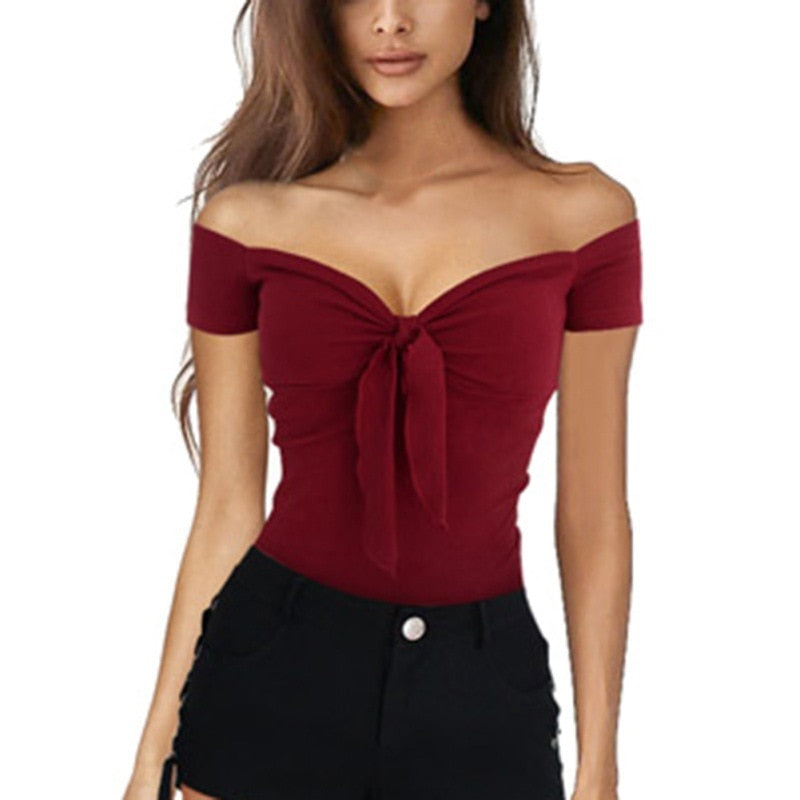 Women Sexy Off Shoulder Tops Shirt Ladies Slim Fit Slight Strech Cotton Blended Solid Bowknot Clubwear Holiday Party Blouse 2024 Red Wine