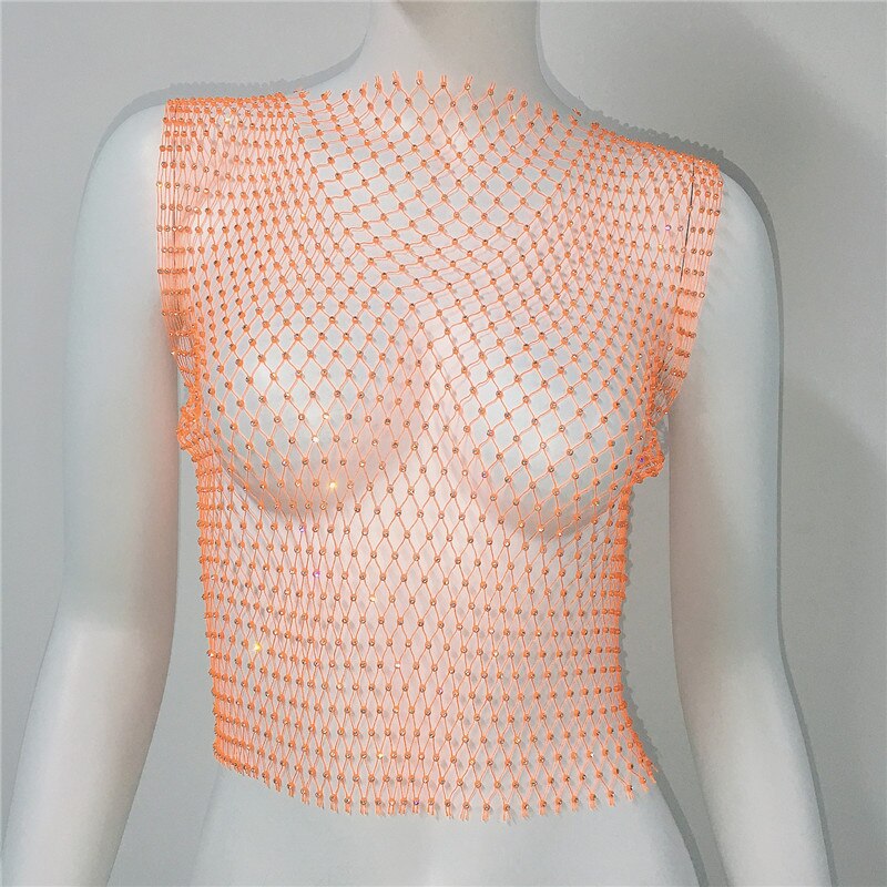 Women's Fishnet Rhinestone Crop Top 2024 Summer Sexy Mesh High Elastic Black White Shirt Net See Through Rave Diamond Tank Top Orange