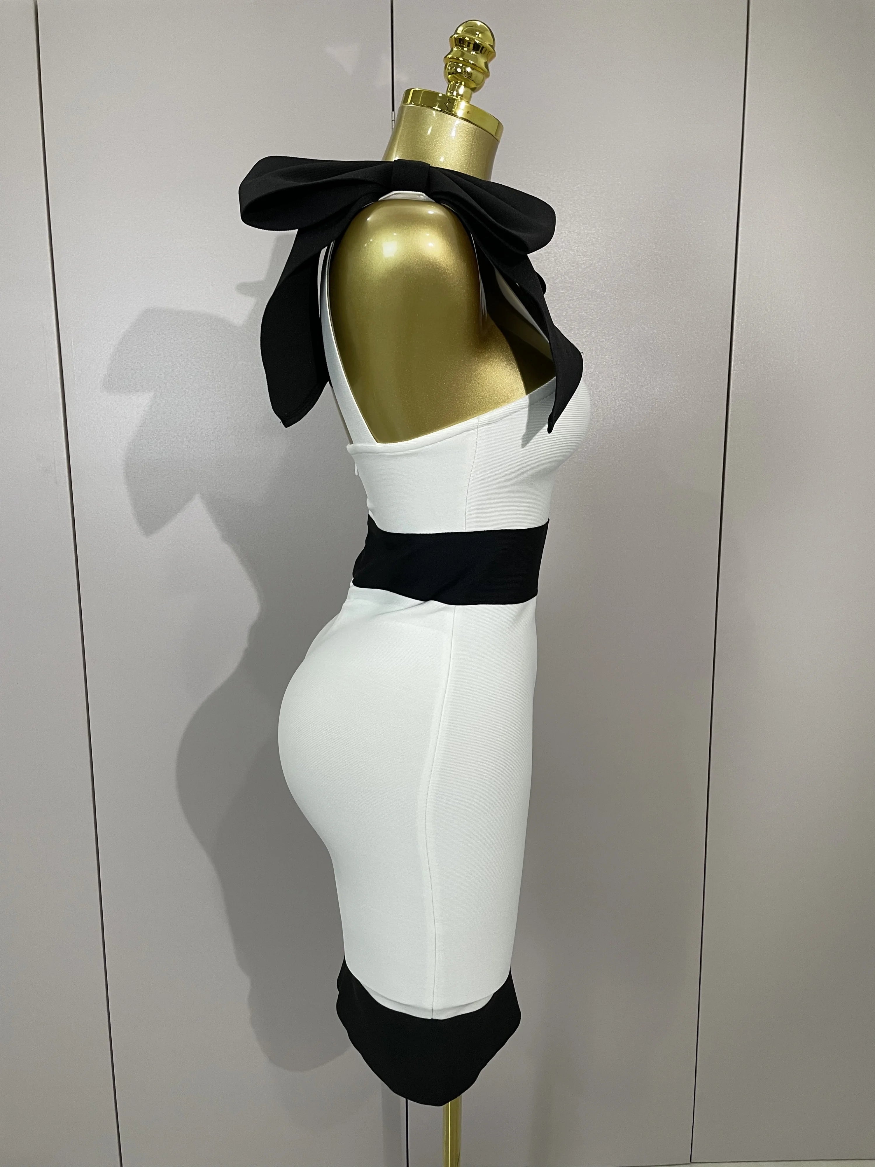 Sexy Bow Tie Black White Patchwork Bodycon Bandage Dress 2025 Women Celebrity Elegant Evening Club Party Birthday Dresses