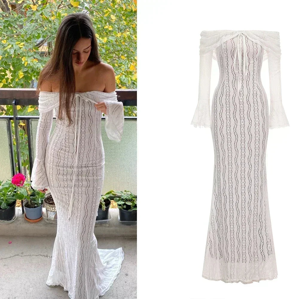 Suninheart White Off The Shoulder Bodycon Dress 2024 New in Flare Sleeve Elegant Lace Maxi Dress Wedding Guest Dress for Women pattern 1