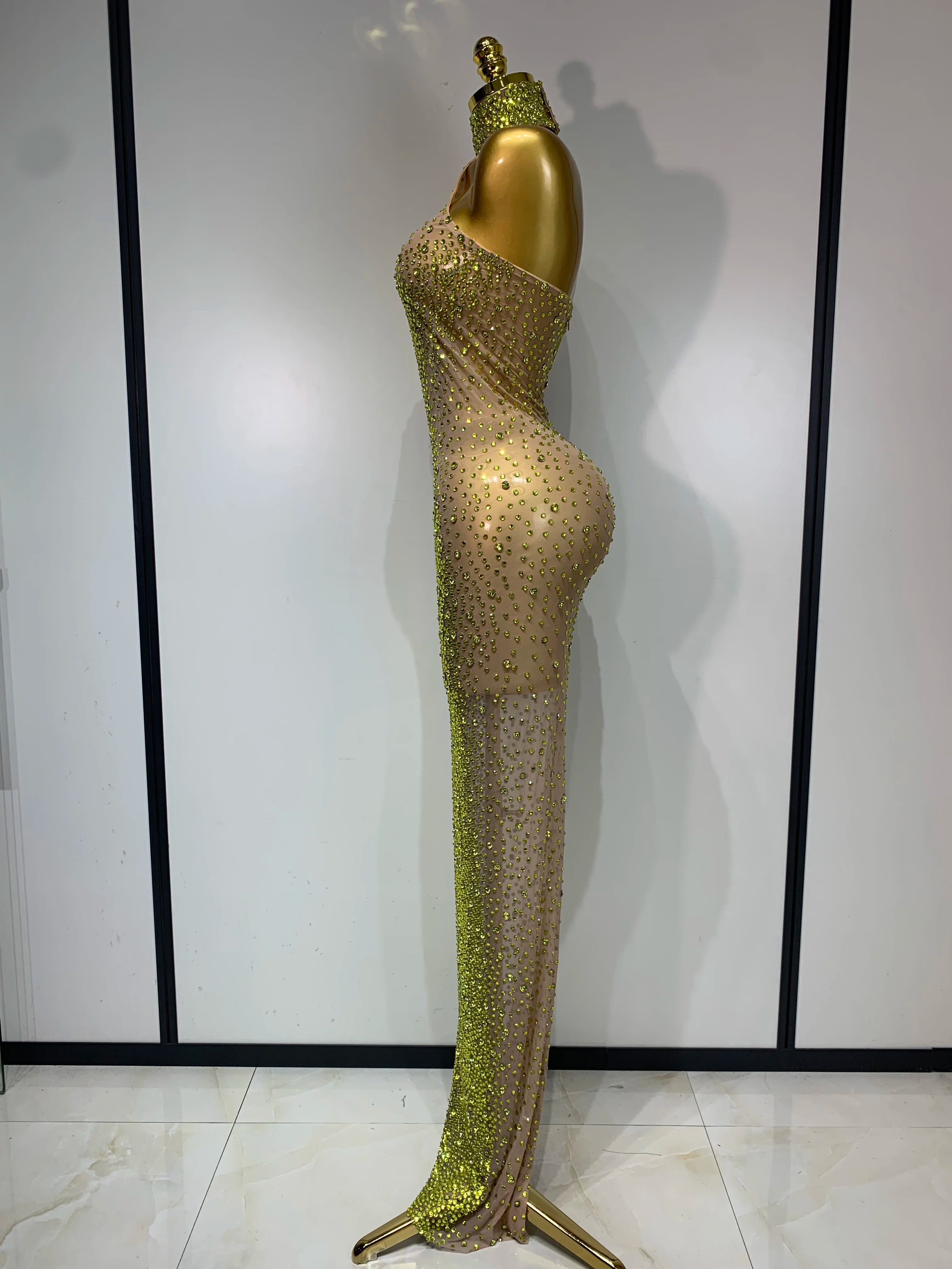 Women Luxury Birthday Celebrate Dress Dancer Party Show Stage Outfit 2025 Sparkly Rhinestone Elastic Mesh See Through Long Dress