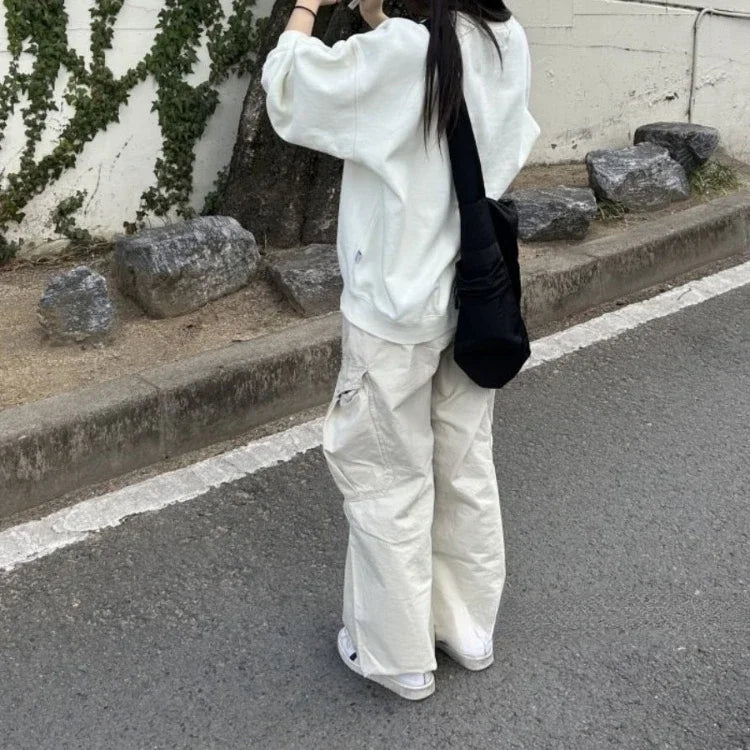 Multiple Pockets Straight Trousers Women Summer Loose Thin Cargo Pants Y2k Grunge High Waist Casual Wide Leg