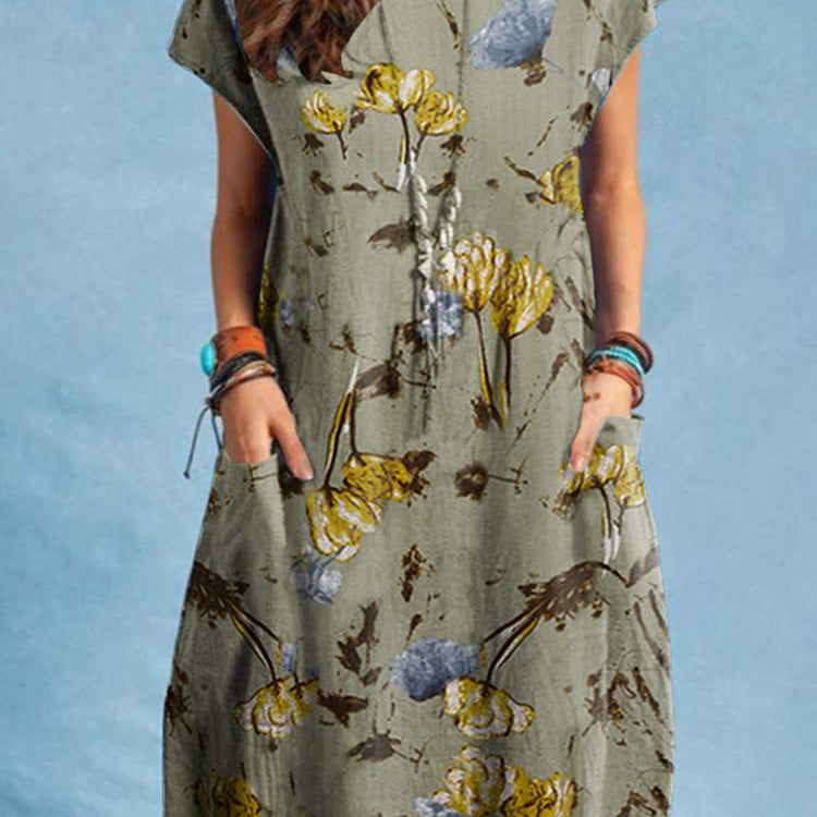 Summer Vintage Dress Bohemian Floral Print O-Neck Short Sleeve Sundress Gray