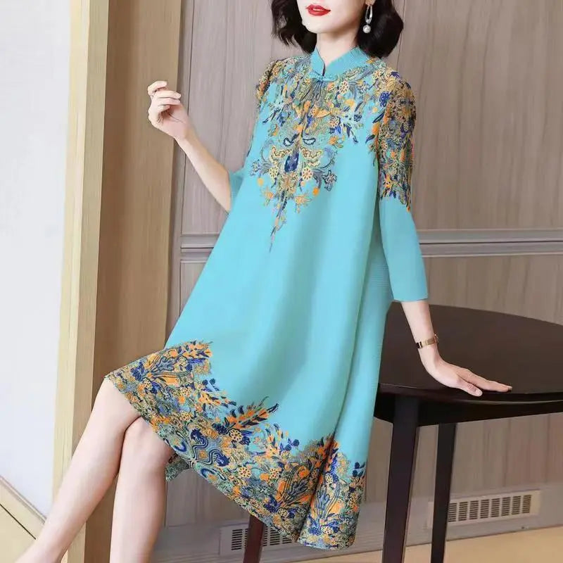 Summer Autumn Overesized Stand Collar Temperament Floral Printing Dress Ladies Elegant Fashion Loose Dresses Robe Femme Vestido Blue