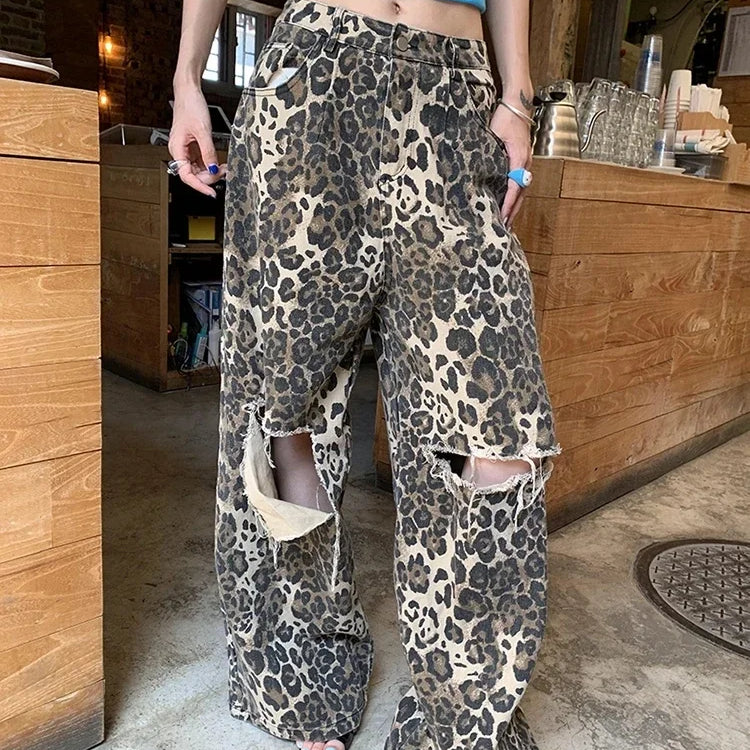 Ripped Hole Baggy Jeans for Women Wide Leg Denim Pants Leopard Print Fashion Streetwear Pants Oversized Straight Pants