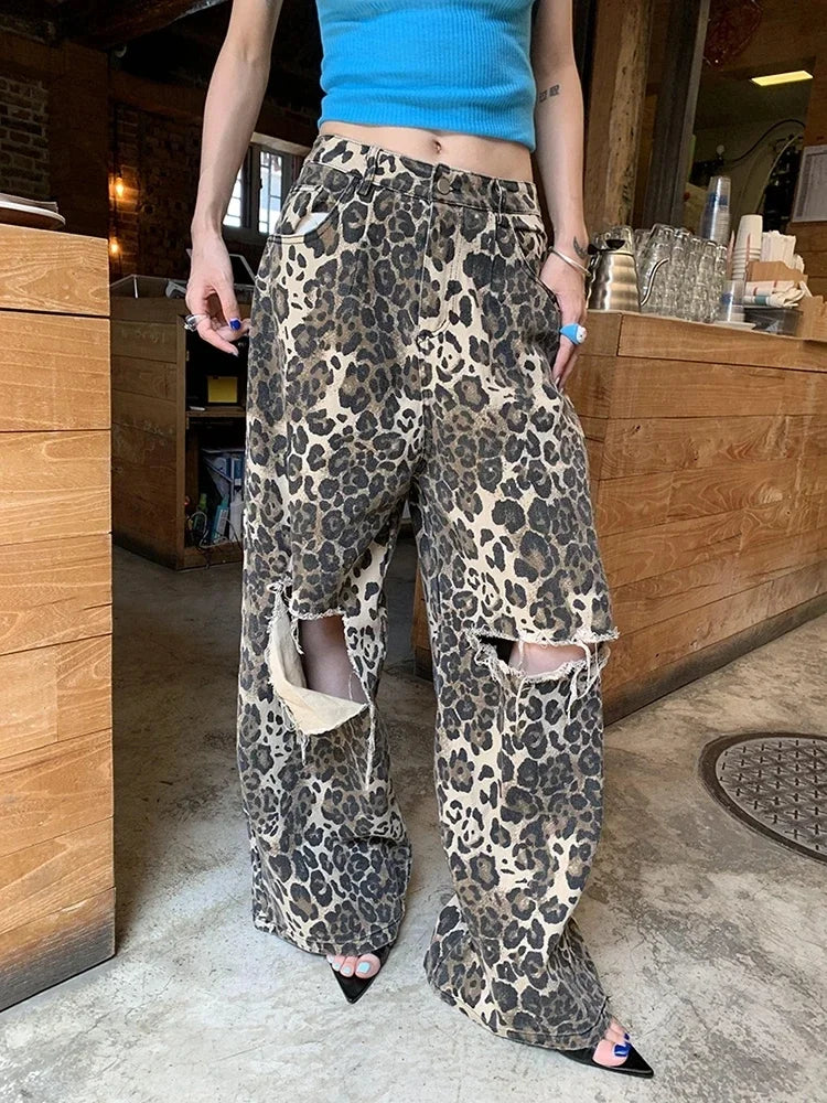 Ripped Hole Baggy Jeans for Women Wide Leg Denim Pants Leopard Print Fashion Streetwear Pants Oversized Straight Pants
