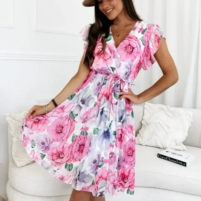 Women's Clothing New European and American Floating Sleeves Wrapped Waist Fragmented Flower Pleated Dress