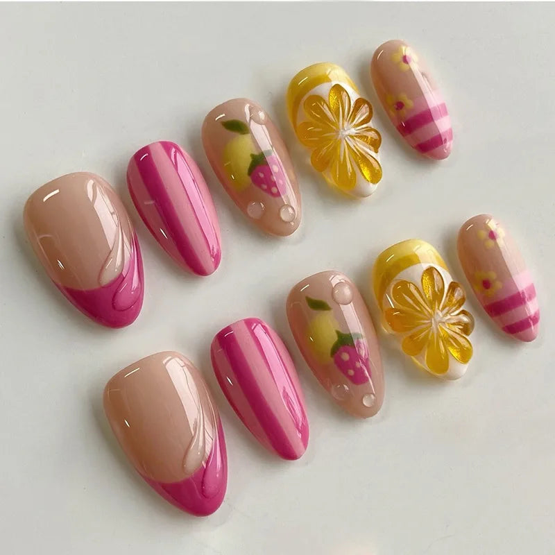 24Pcs Yellow French Fake Nails Mid-length Almond Detachable Press on False Nails Ladybug Strawberry Flower Full Cover Nails Tips W2041