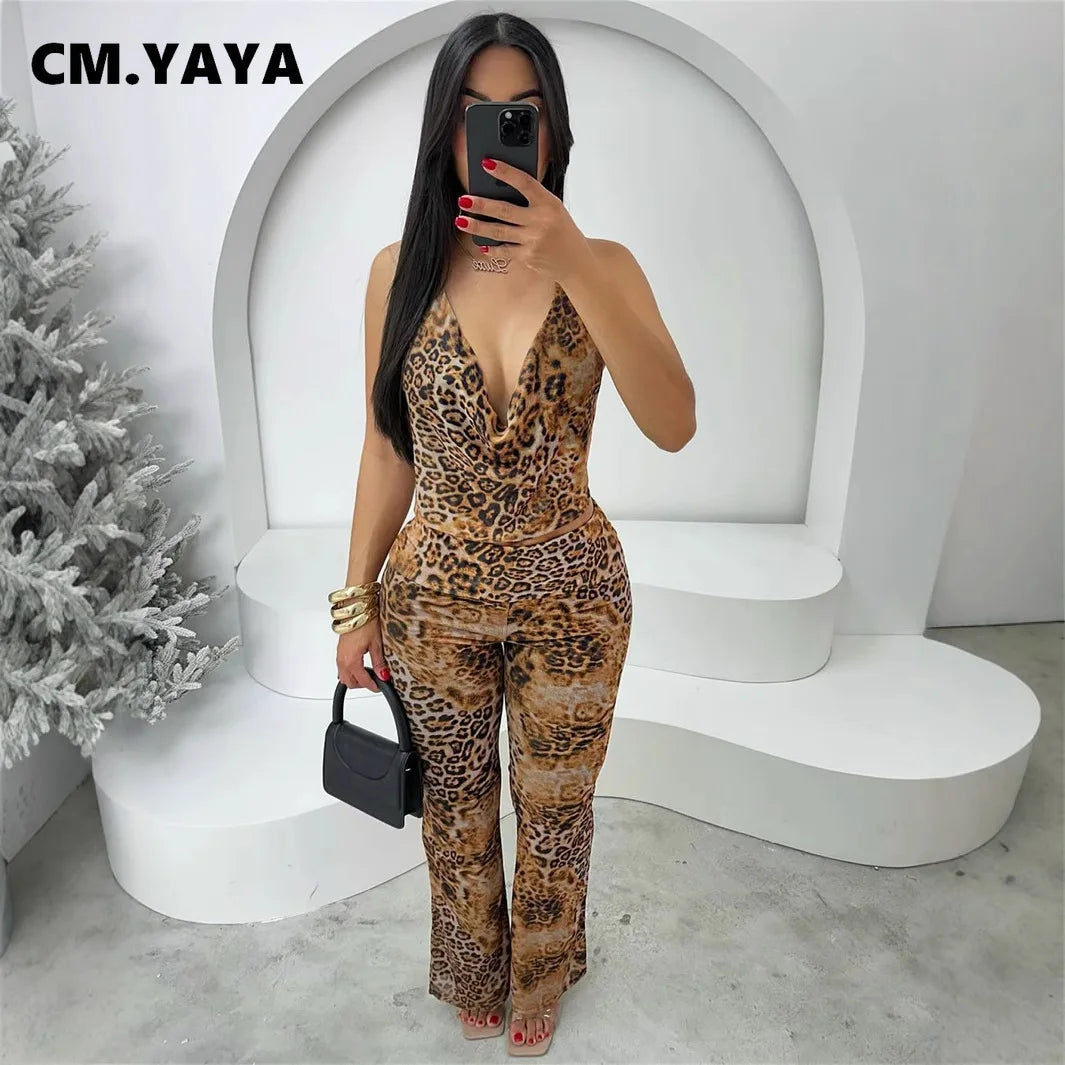 Women's Set Sleeveless Halter V-neck Leopard Print Top + Pants Suit 2025 Sexy Slim Night Party Two 2 Piece Sets Outfits