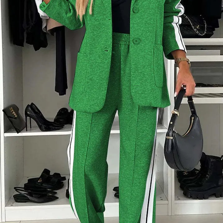 CM.YAYA Elegant Women Pants Suit and Long Sleeve Blazer Matching Set OL Streetwear Two 2 Piece Set 2024 Winter Ribbon Outfits Green