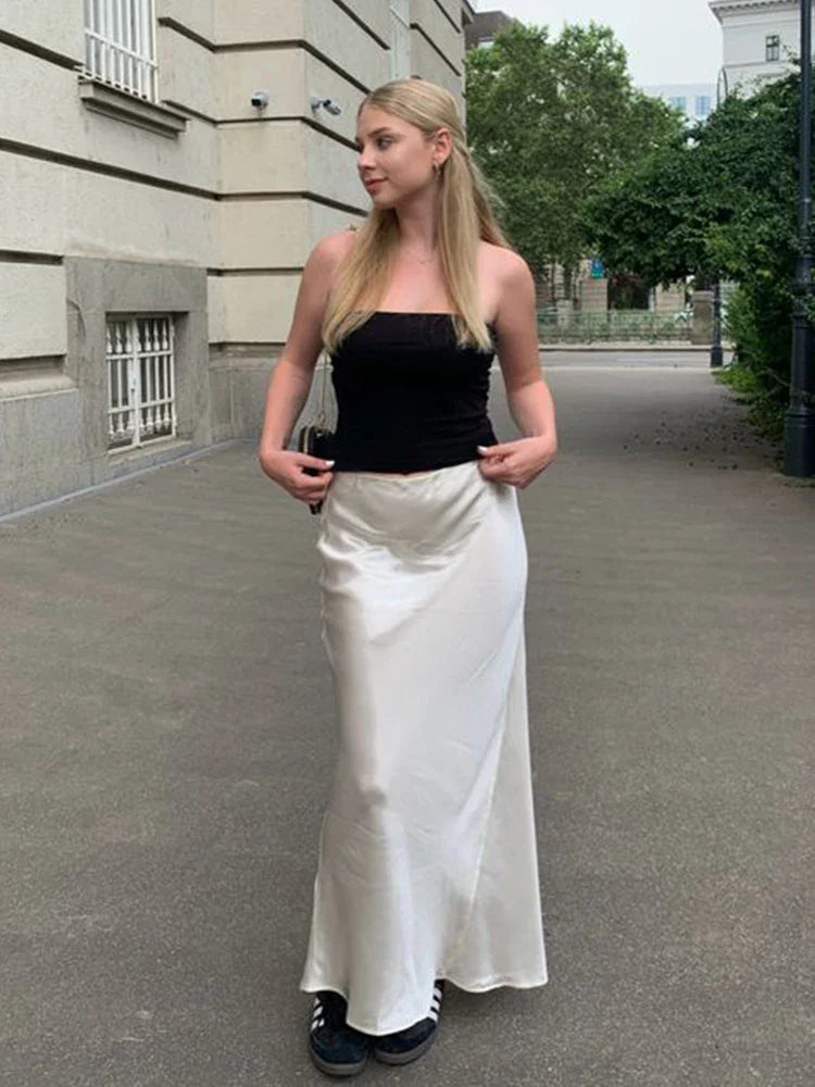 Chic Satin Maxi Skirt Female Slim High Waist Soild Black White Long Skirt Streetwear Elegant Ladies Casual Office Long Skirt