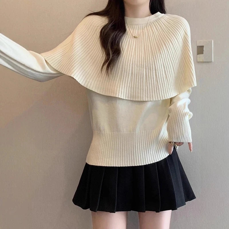 Autumn Winter New Design Fake Two-Piece Shawl Long Sleeve Pullover Sweater For Women Knitted Top Female Trend 11A07562