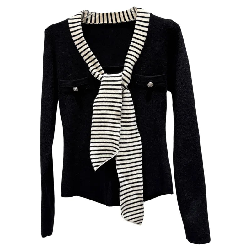 Winter New Fashion V-Neck Striped Tie Scarf Stretch Knitted Sweater For Women Versatile Slim Fit Cardigan 11A07931